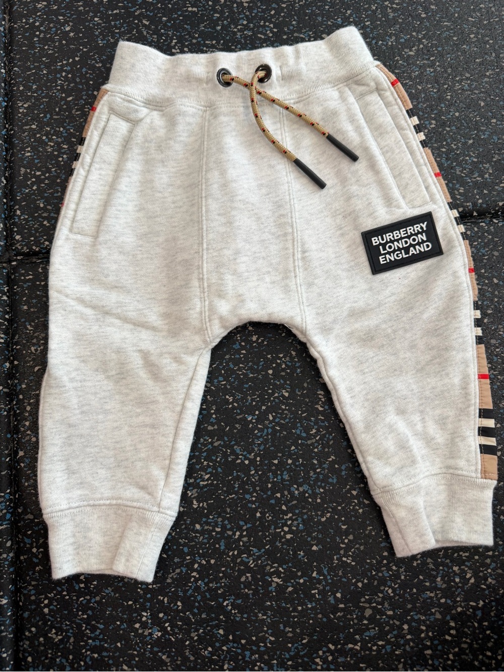 Burberry Gray Knit Kids Sweatpants with Iconic Check Trim